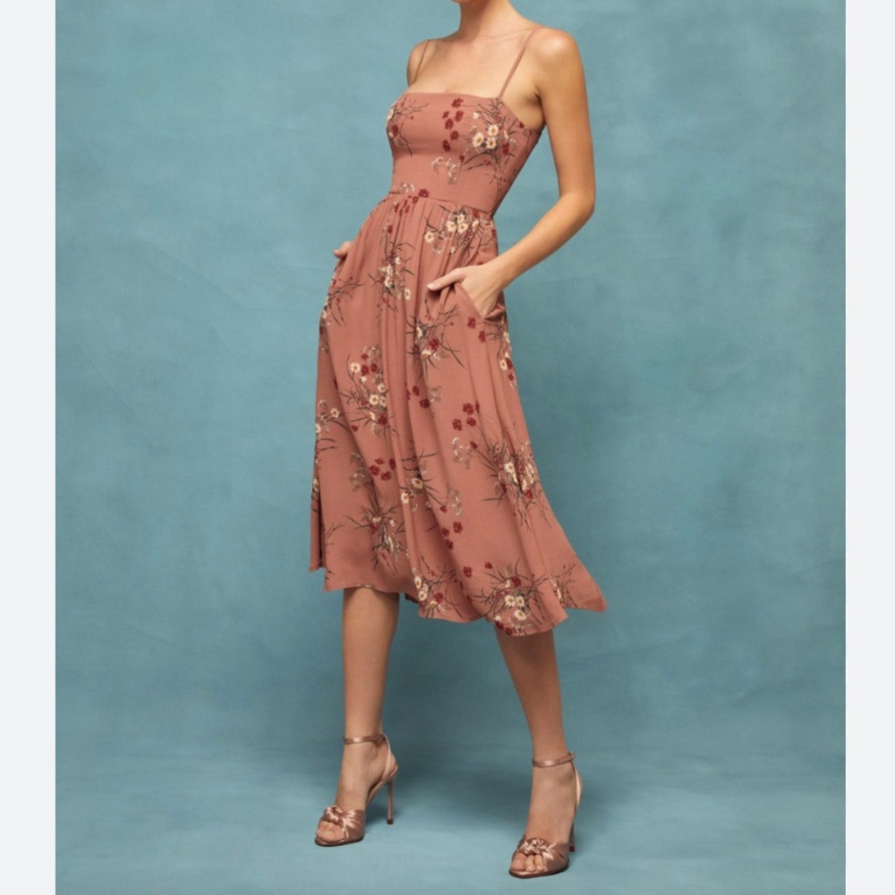 Reformation Floral Midi Dress in Rust and Cream